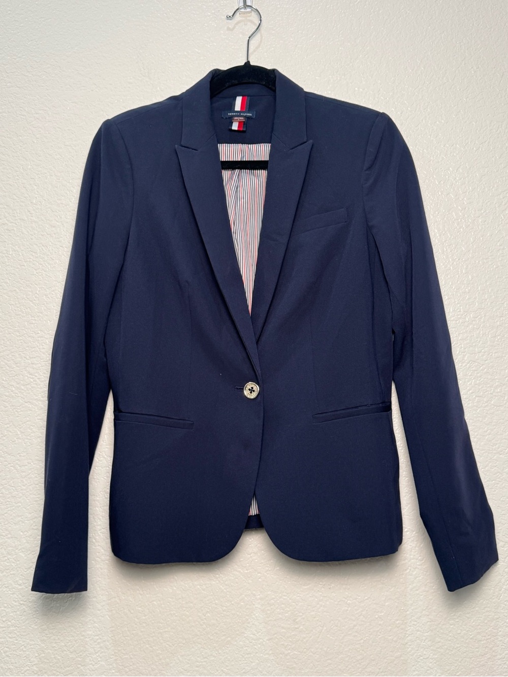 Tommy Hilfiger Blazer 8 Navy Blue Elbow Patch Stretch Preppy Career